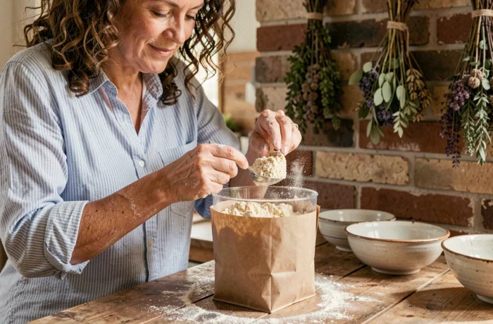 Vrouw die zelfgemaakt havermoutmeel in een kraftpapieren zak overbrengt in een rustieke keuken met bakstenen muren