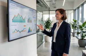 Femme d'affaires présentant des tableaux de bord analytiques de croissance dans un bureau moderne avec solutions numériques Be 2 Biz