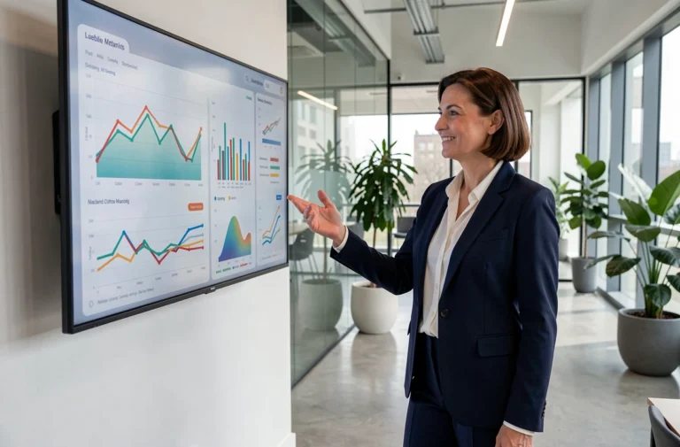 Femme d'affaires présentant des tableaux de bord analytiques de croissance dans un bureau moderne avec solutions numériques Be 2 Biz