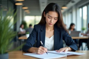 Jeune femme en alternance consultant des documents de certification RNCP à son bureau dans un espace de coworking moderne