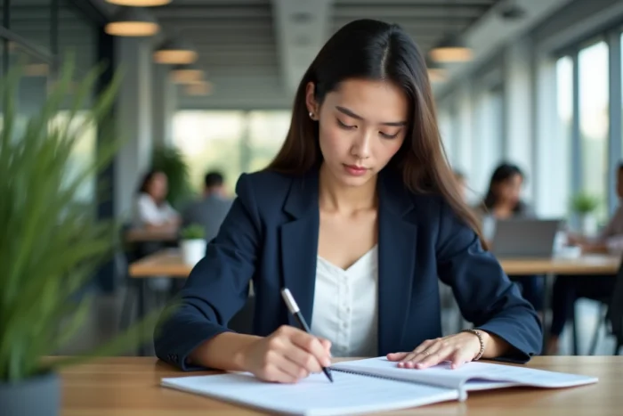 Jeune femme en alternance consultant des documents de certification RNCP à son bureau dans un espace de coworking moderne