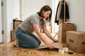 Femme qui aplatit des cartons de déménagement Ikea dans un couloir d'appartement après un déménagement