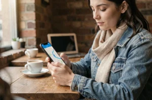 Jeune femme utilisant l'application Mappy sur smartphone pour planifier un itinéraire dans un café urbain