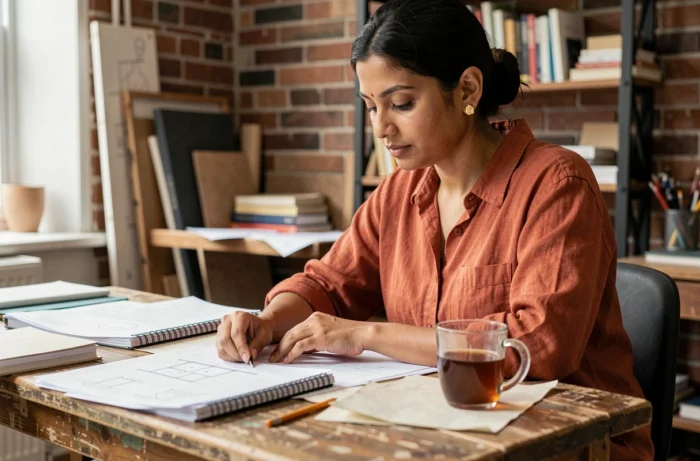 Femme architecte concentrée sur ses croquis dans un atelier créatif, symbole de la créativité et de l'ambition féminine