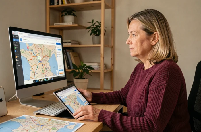 Femme calculant un itinéraire gratuit sur ordinateur et tablette avec une application de cartographie à domicile