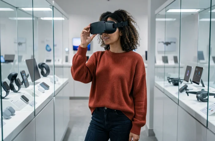 Femme testant un casque de réalité augmentée dans un showroom d'électronique grand public