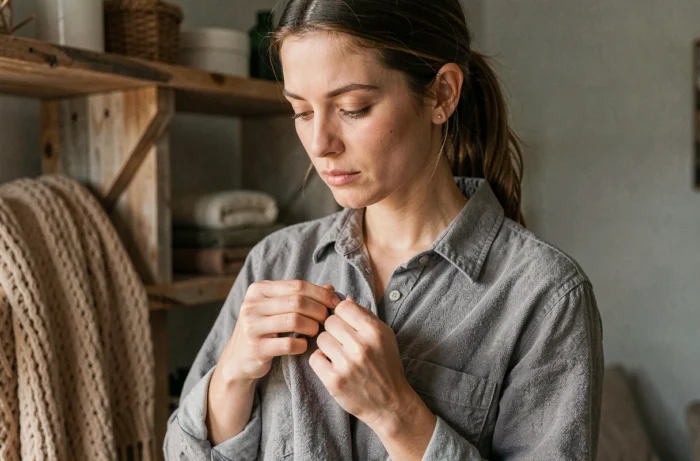 Femme portant une chemise en flanelle grise et touchant le tissu pour en apprécier la texture douce et moelleuse
