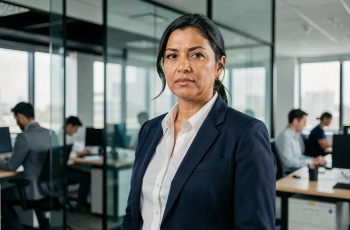 Portrait d'une femme déterminée en veste marine dans un bureau moderne, incarnant le leadership féminin et la réussite professionnelle