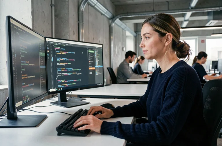 Femme développeuse analysant du code sur un double écran dans un bureau tech moderne, tendances informatique 2024