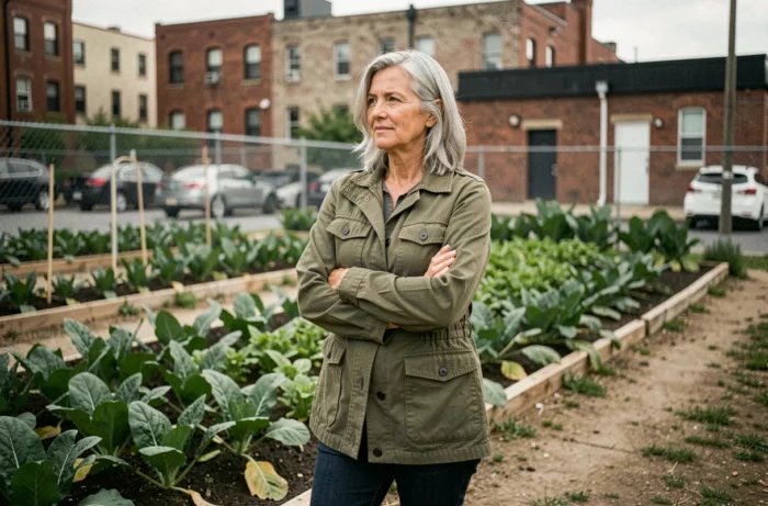 Femme militante debout dans un jardin communautaire urbain, représentant l'engagement féminin pour l'environnement et le changement social