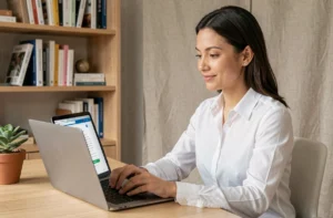 Femme professionnelle optimisant son profil LinkedIn sur un ordinateur portable dans un bureau moderne