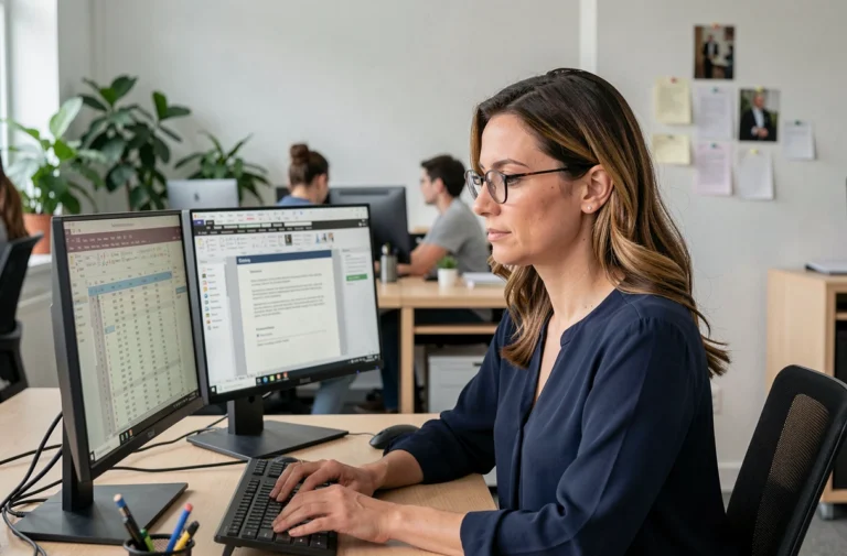 Femme professionnelle utilisant des outils bureautiques sur double écran dans un bureau moderne
