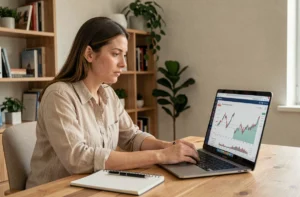 Femme concentrée travaillant sur ses revenus complémentaires depuis un bureau à domicile en 2026