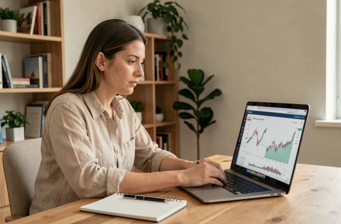 Femme concentrée travaillant sur ses revenus complémentaires depuis un bureau à domicile en 2026