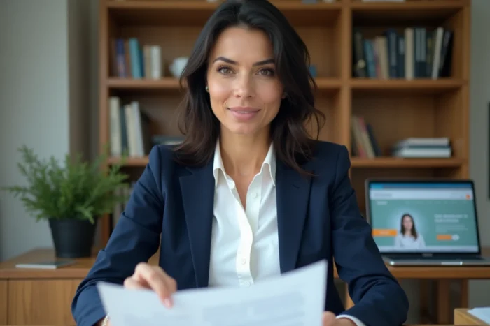 Femme professionnelle révisant son CV à un bureau à domicile pour trouver un emploi en France