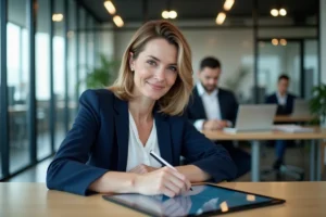 Femme professionnelle signant un document électronique sur tablette dans un bureau moderne