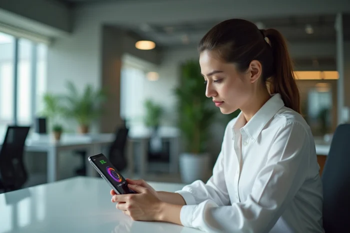 Femme utilisant un smartphone pliable avec interface web futuriste dans un bureau moderne en 2024