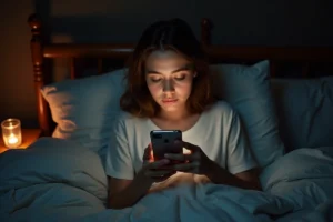 Jeune femme regardant son téléphone la nuit dans son lit, score Snapchat qui augmente pendant le sommeil