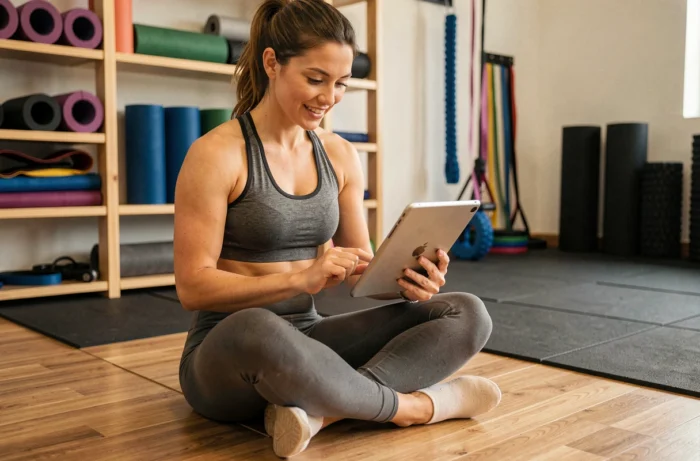 Femme sportive consultant une plateforme de ressources sportives sur une tablette dans une salle de fitness moderne