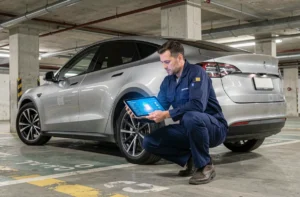 Technicien analysant la fiabilité d'une voiture électrique avec une tablette de diagnostic dans un parking urbain