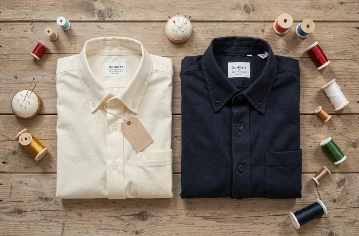 Bovenaanzicht van een katoenen shirt en een marineblauw flanellen shirt die naast elkaar zijn gevouwen op een lichte houten tafel met naaigerei