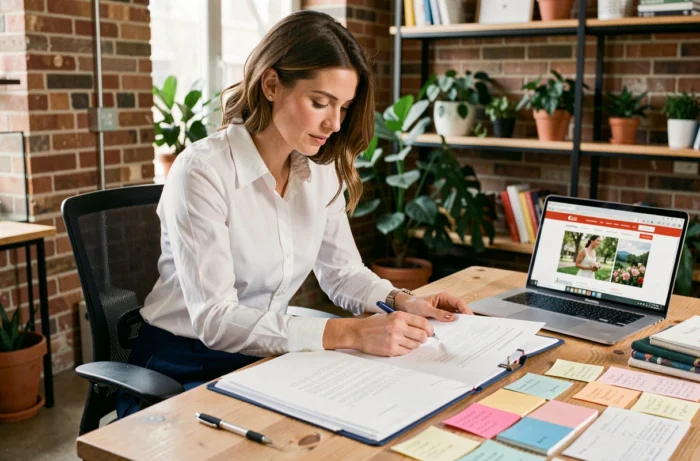 Jeune femme étudiant les diplômes et formations de wedding planner à son bureau dans un espace de coworking