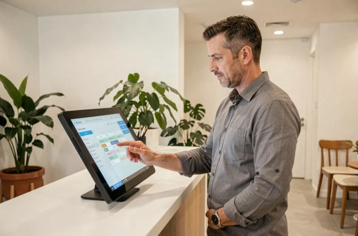 Homme en tenue décontractée gérant les réservations clients sur un écran tactile à l'accueil d'une entreprise de services moderne