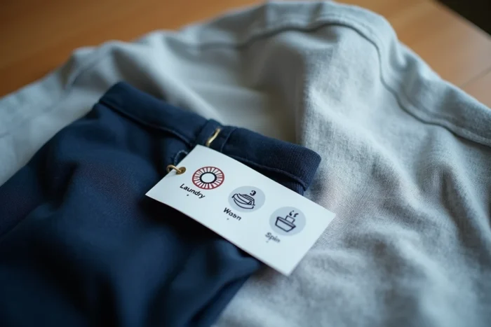 Gros plan sur une étiquette d'entretien textile avec symboles de lavage et d'essorage posée sur tissu gris