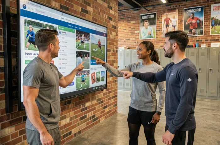 Groupe d'athlètes explorant ensemble une plateforme de ressources sportives sur un écran tactile dans un centre sportif communautaire