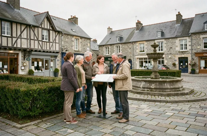 Habitants consultatant un panneau d'information communautaire sur une place publique du Pays de Guingamp