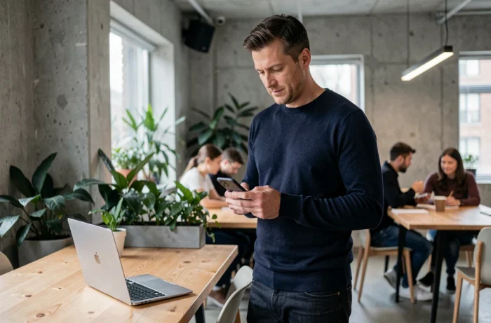 Homme consultant son téléphone dans un espace de coworking pour gérer ses revenus complémentaires