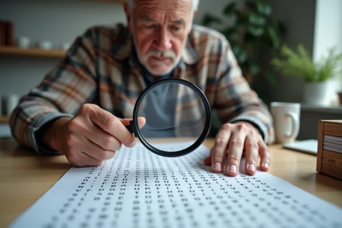 Homme malvoyant utilisant une loupe pour lire un mots mêlés imprimé en gros caractères sur son bureau