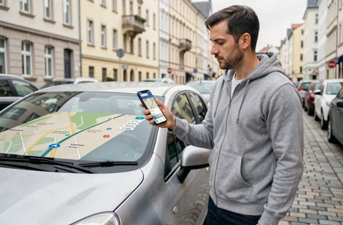 Homme consultant l'application Mappy sur son smartphone monté dans une voiture pour suivre un itinéraire GPS en ville