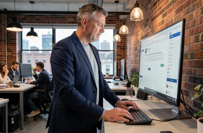 Homme professionnel personnalisant sa biographie en ligne dans un espace de coworking moderne