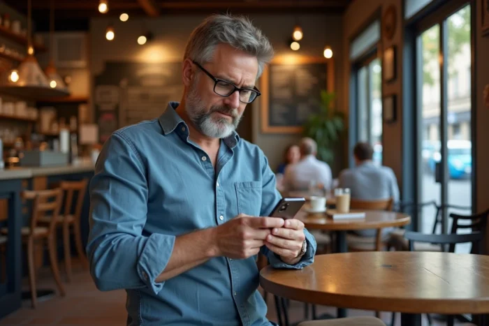 Homme consultant une application de recherche d'emploi sur smartphone dans un café parisien