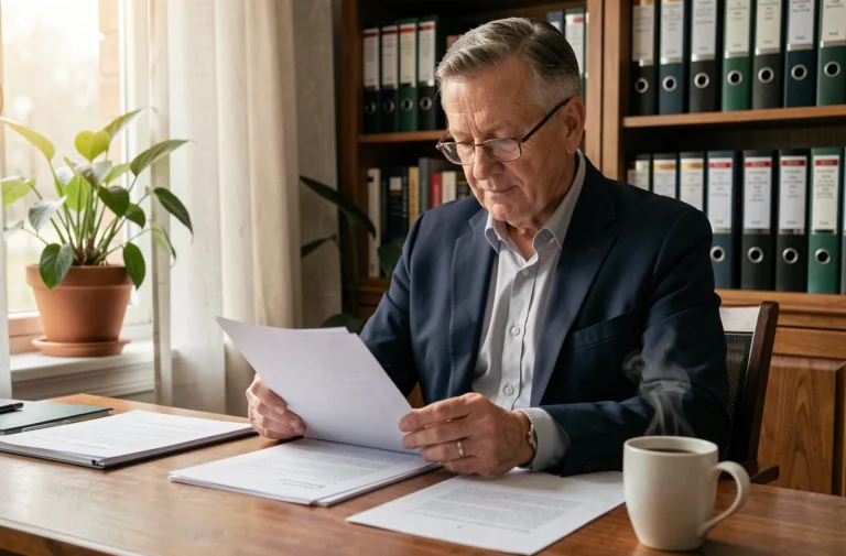 Homme de 60 ans consultant des documents sur le congé de fin de carrière dans un bureau à domicile