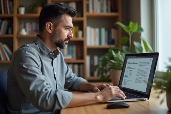Homme signant un contrat PDF en ligne depuis son bureau à domicile avec un ordinateur portable