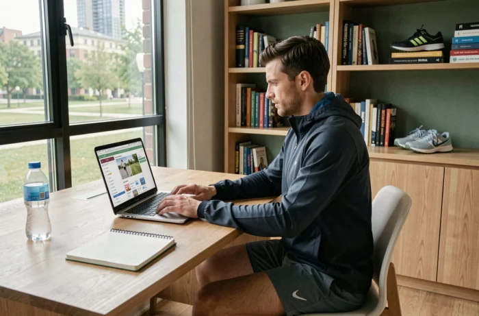Homme sportif naviguant sur une plateforme centralisée de ressources sportives depuis un bureau à domicile