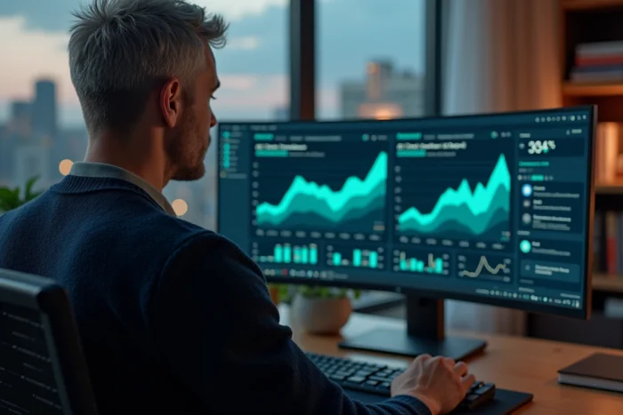 Homme consultant un tableau de bord IA sur écran ultra-large dans un bureau à domicile high-tech