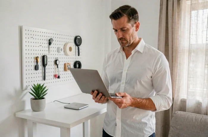 Man in telewerk in een minimalistisch thuiskantoor met een laptop, moderne IT-tips en -apparatuur