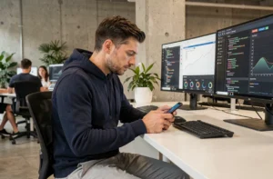 Ingénieur en technologie testant un smartphone pliable dans un bureau moderne high-tech en 2024