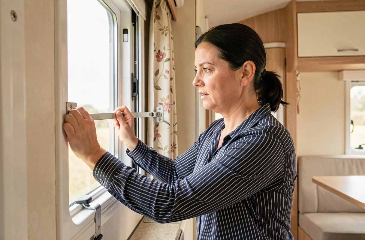 Femme installant un nouveau compas de fenêtre à l'intérieur d'une caravane avec soin et précision