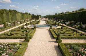 Grand jardin à la française avec parterres géométriques et topiaires sculptés, idéal pour une escapade en France