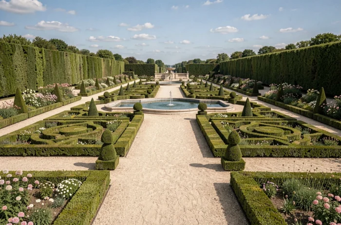 Grand jardin à la française avec parterres géométriques et topiaires sculptés, idéal pour une escapade en France
