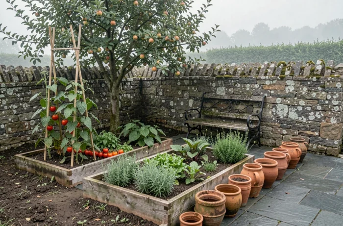 Jardin potager clos en Bretagne avec murs en pierre, légumes anciens et ambiance bucolique authentique
