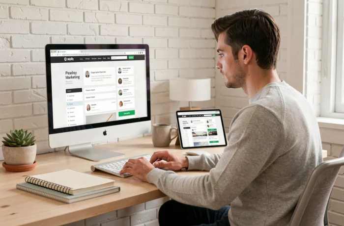 Jonge professional die de functies van een marketingplatform vanuit zijn thuiskantoor verkent