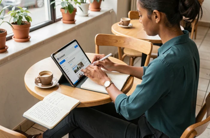 Jeune professionnel mettant à jour son portfolio en ligne avec une tablette dans un café urbain