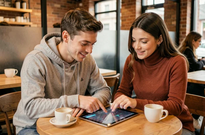 Twee jonge professionals die de laatste IT-trends bespreken rond een tablet in een stedelijk café