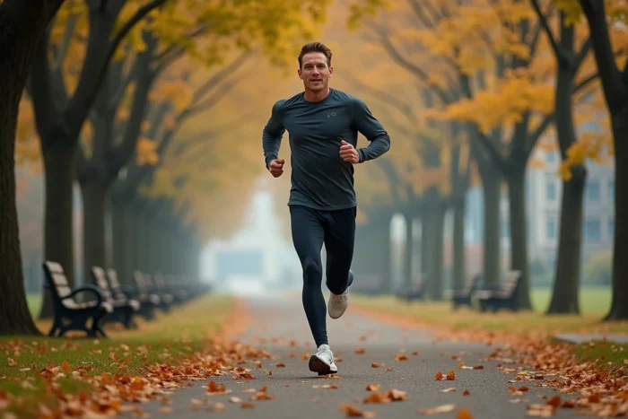 Homme qui fait du jogging dans un parc en automne dans le cadre d'un programme de perte de poids