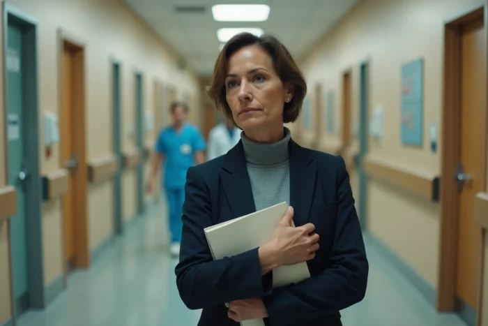 Journaliste femme dans un couloir d'hôpital tenant un carnet contre elle, exprimant une introspection silencieuse face à la maladie